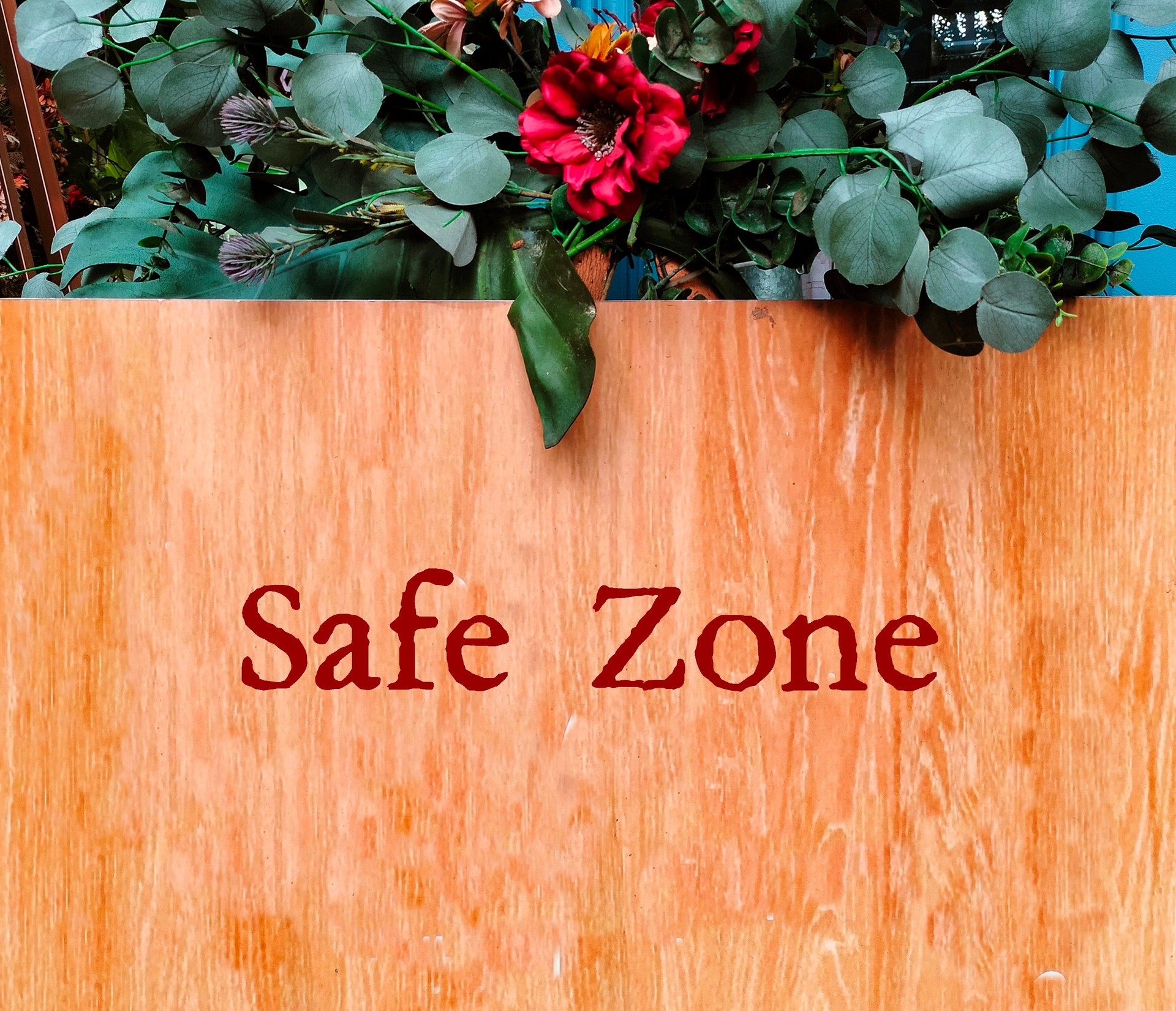 Welcome wood sign with text written SAFE ZONE, means places where people can feel safe - free of bias, conflict, criticism or discrimination, no emotional or physical harm